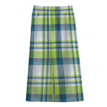 Lime And Blue Madras Plaid Print Cotton Front Slit Maxi Skirt