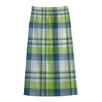 Lime And Blue Madras Plaid Print Cotton Front Slit Maxi Skirt