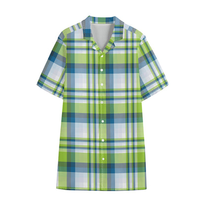 Lime And Blue Madras Plaid Print Cotton Hawaiian Shirt