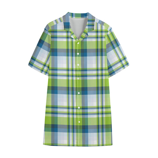 Lime And Blue Madras Plaid Print Cotton Hawaiian Shirt
