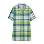 Lime And Blue Madras Plaid Print Cotton Hawaiian Shirt