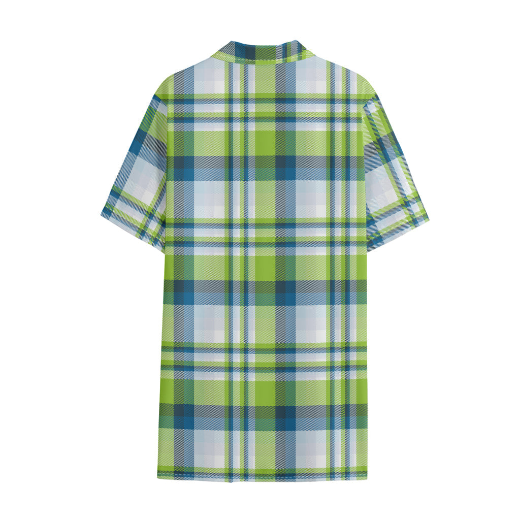Lime And Blue Madras Plaid Print Cotton Hawaiian Shirt