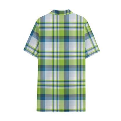 Lime And Blue Madras Plaid Print Cotton Hawaiian Shirt