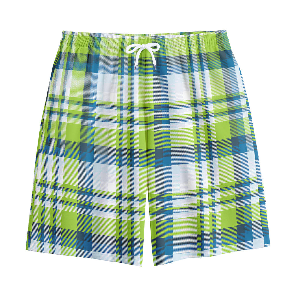 Lime And Blue Madras Plaid Print Cotton Shorts