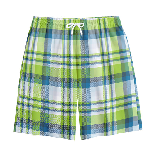 Lime And Blue Madras Plaid Print Cotton Shorts