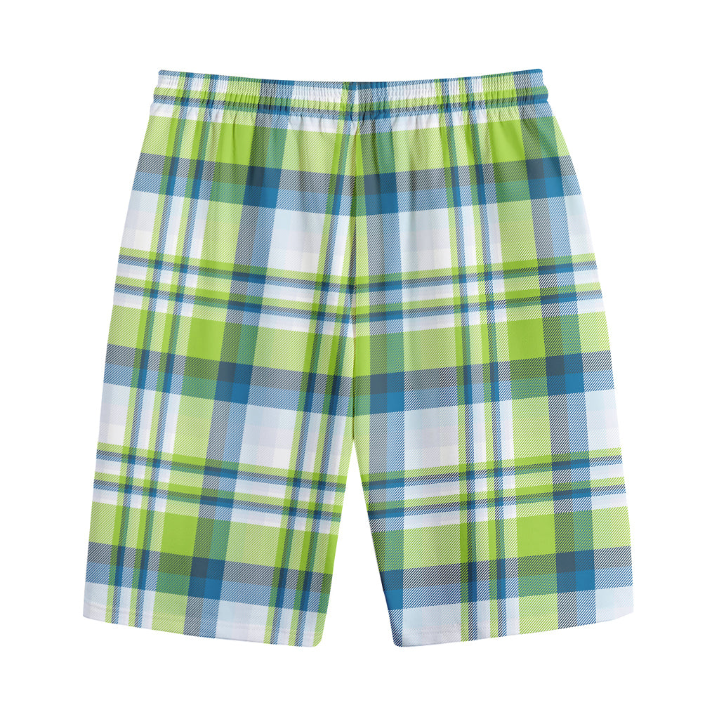 Lime And Blue Madras Plaid Print Cotton Shorts