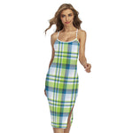 Lime And Blue Madras Plaid Print Cross Back Cami Dress