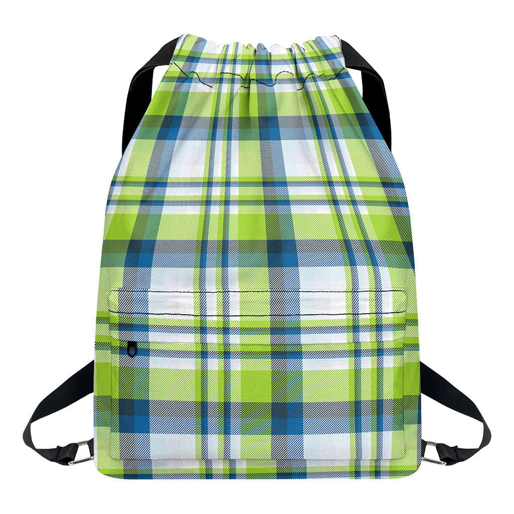 Lime And Blue Madras Plaid Print Drawstring Backpack