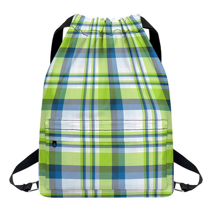 Lime And Blue Madras Plaid Print Drawstring Backpack