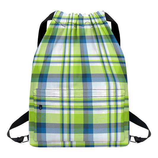 Lime And Blue Madras Plaid Print Drawstring Backpack
