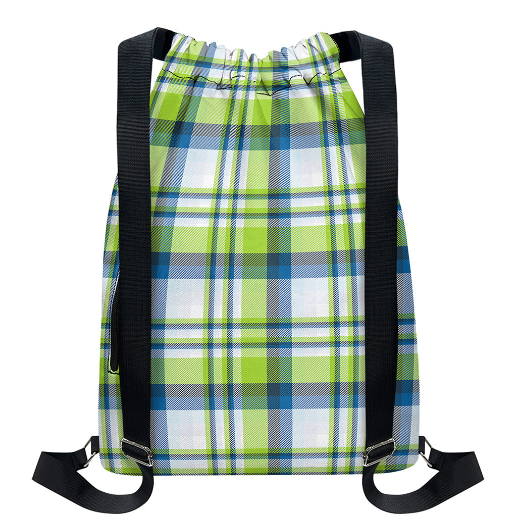 Lime And Blue Madras Plaid Print Drawstring Backpack