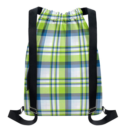 Lime And Blue Madras Plaid Print Drawstring Backpack