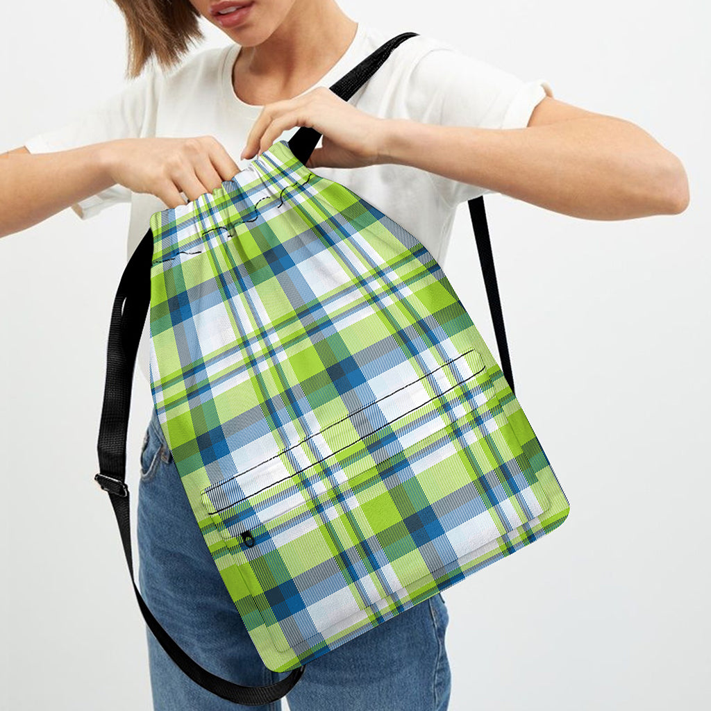 Lime And Blue Madras Plaid Print Drawstring Backpack