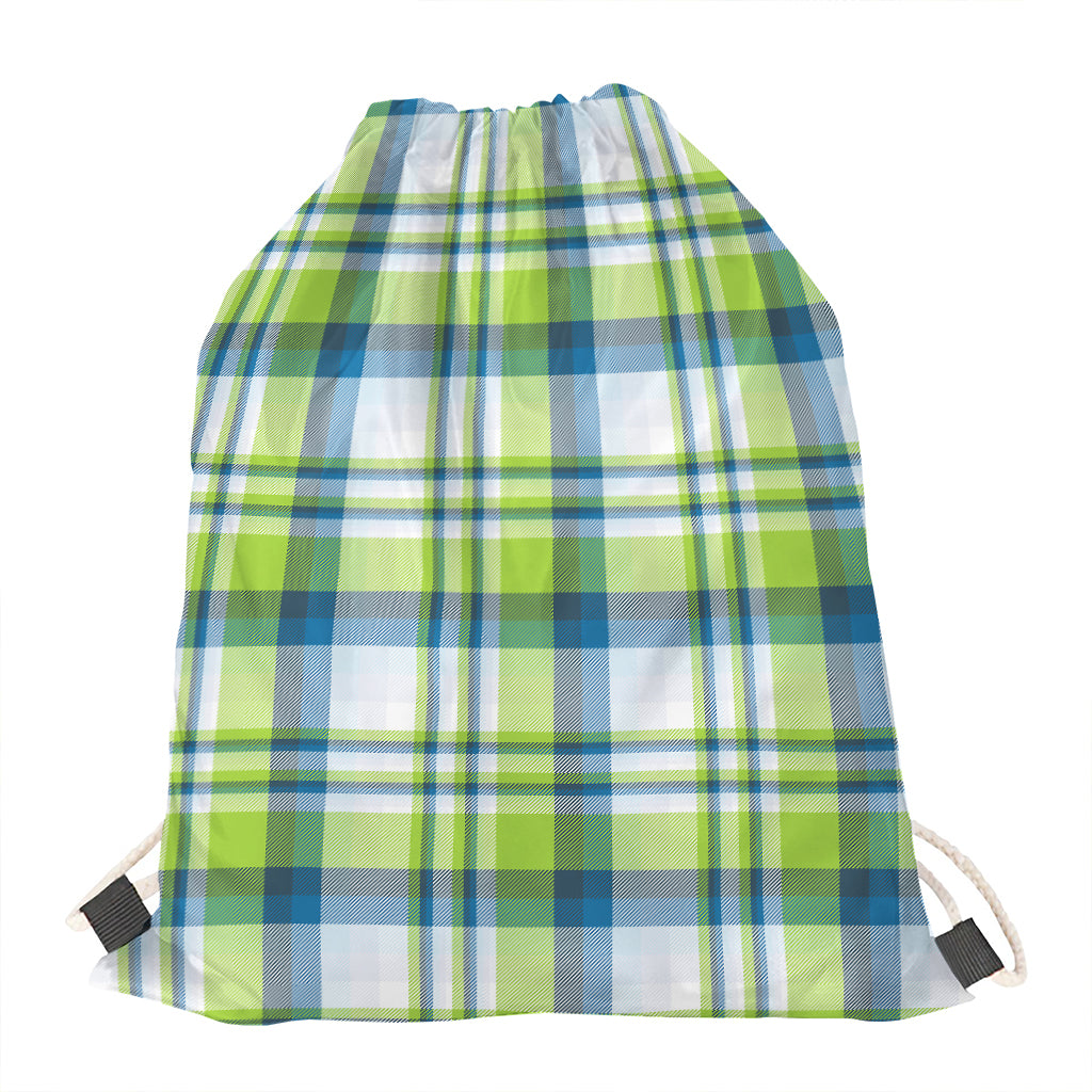 Lime And Blue Madras Plaid Print Drawstring Bag