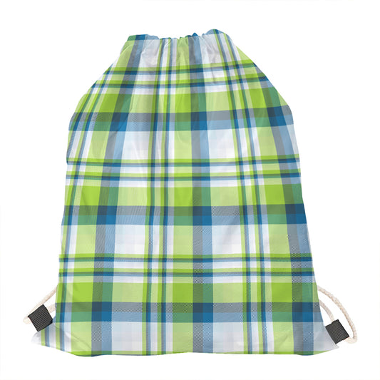 Lime And Blue Madras Plaid Print Drawstring Bag