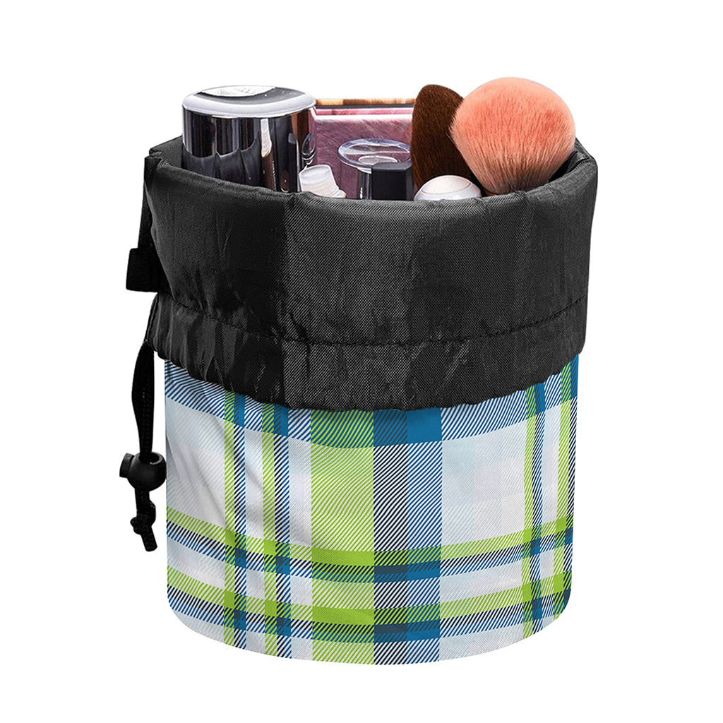Lime And Blue Madras Plaid Print Drawstring Makeup Bag