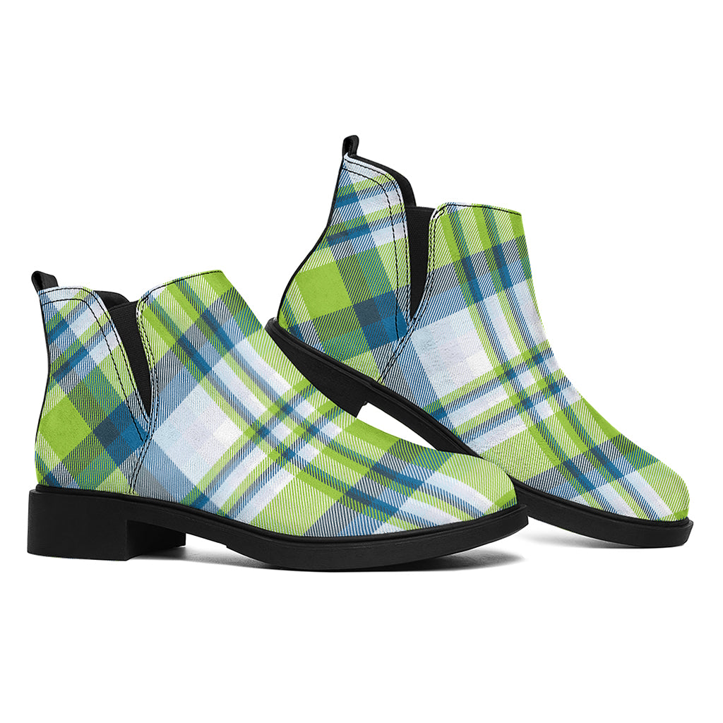 Lime And Blue Madras Plaid Print Flat Ankle Boots