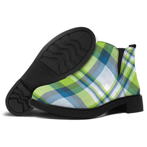 Lime And Blue Madras Plaid Print Flat Ankle Boots