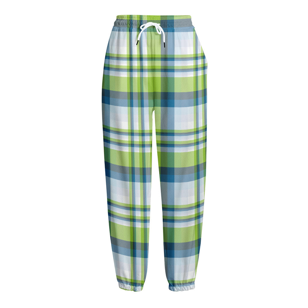 Lime And Blue Madras Plaid Print Fleece Lined Knit Pants