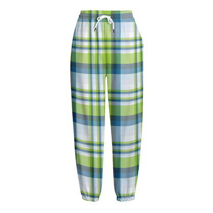 Lime And Blue Madras Plaid Print Fleece Lined Knit Pants
