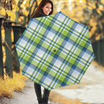Lime And Blue Madras Plaid Print Foldable Umbrella