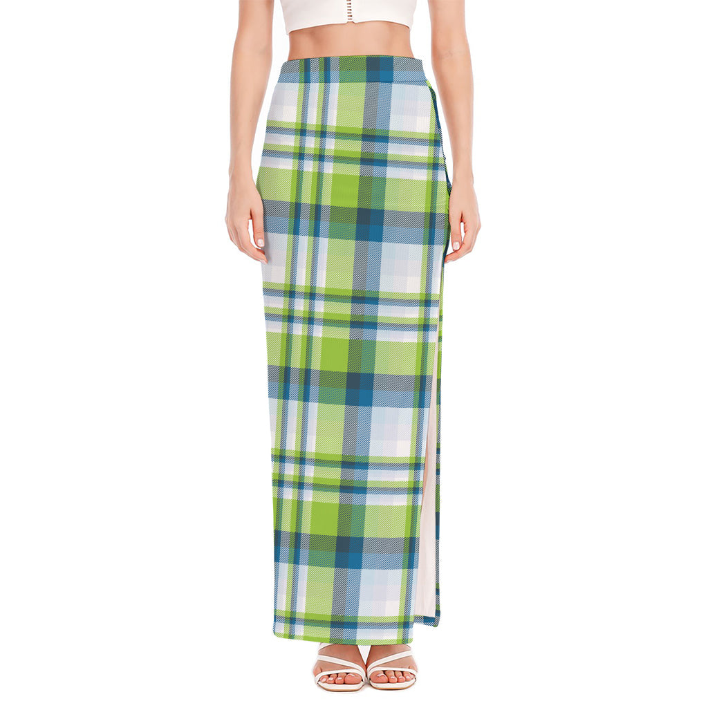 Lime And Blue Madras Plaid Print High Slit Maxi Skirt