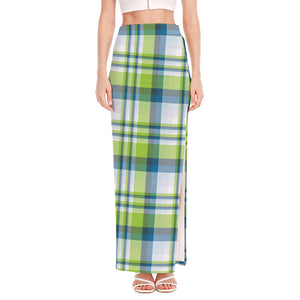 Lime And Blue Madras Plaid Print High Slit Maxi Skirt