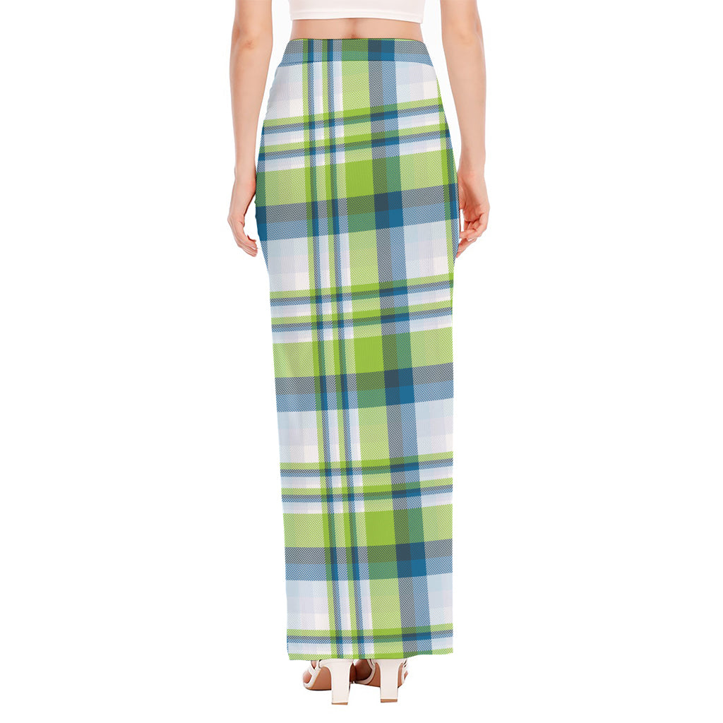 Lime And Blue Madras Plaid Print High Slit Maxi Skirt