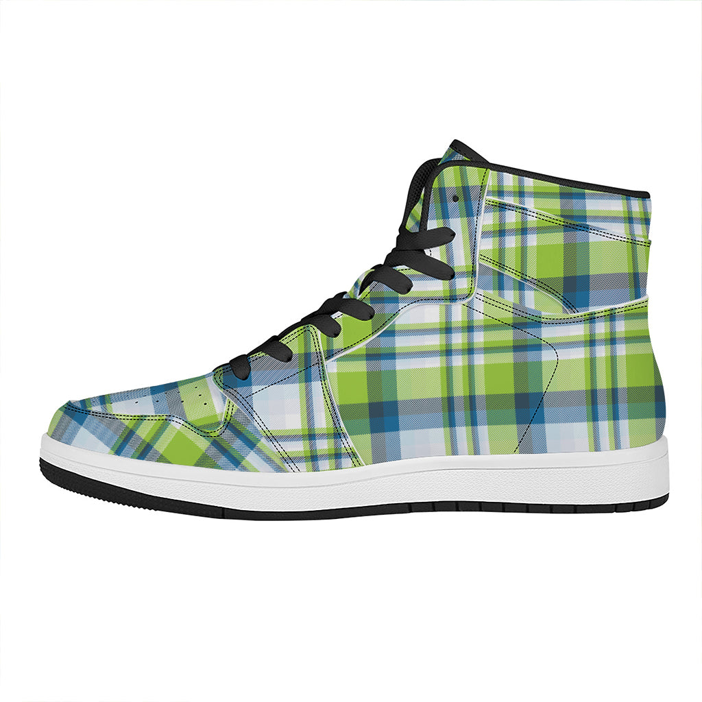 Lime And Blue Madras Plaid Print High Top Leather Sneakers