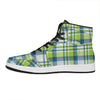 Lime And Blue Madras Plaid Print High Top Leather Sneakers