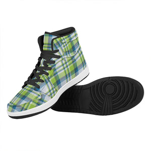 Lime And Blue Madras Plaid Print High Top Leather Sneakers