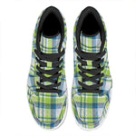 Lime And Blue Madras Plaid Print High Top Leather Sneakers