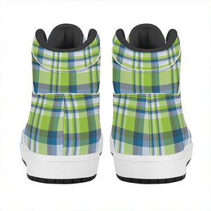 Lime And Blue Madras Plaid Print High Top Leather Sneakers