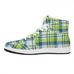 Lime And Blue Madras Plaid Print High Top Leather Sneakers