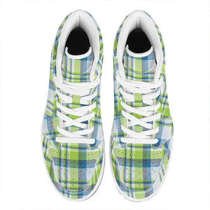 Lime And Blue Madras Plaid Print High Top Leather Sneakers