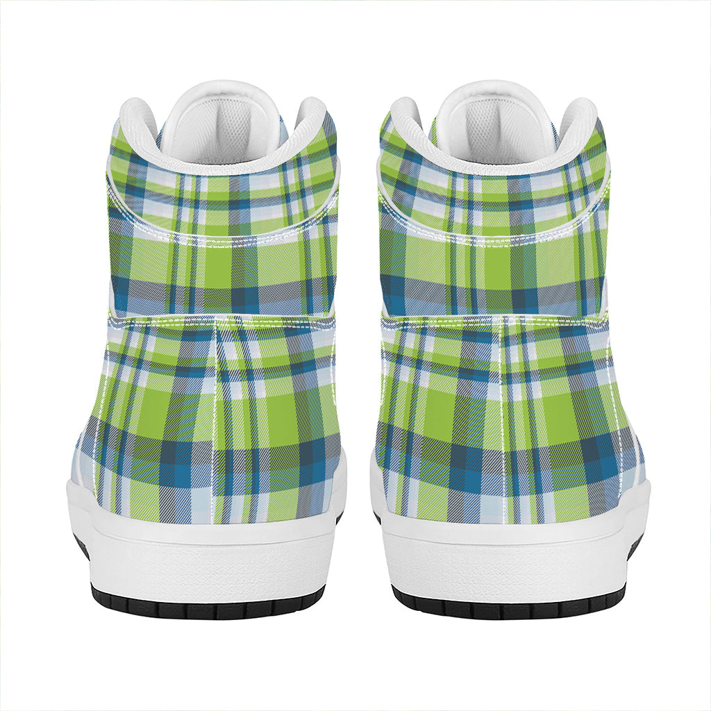 Lime And Blue Madras Plaid Print High Top Leather Sneakers