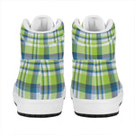 Lime And Blue Madras Plaid Print High Top Leather Sneakers