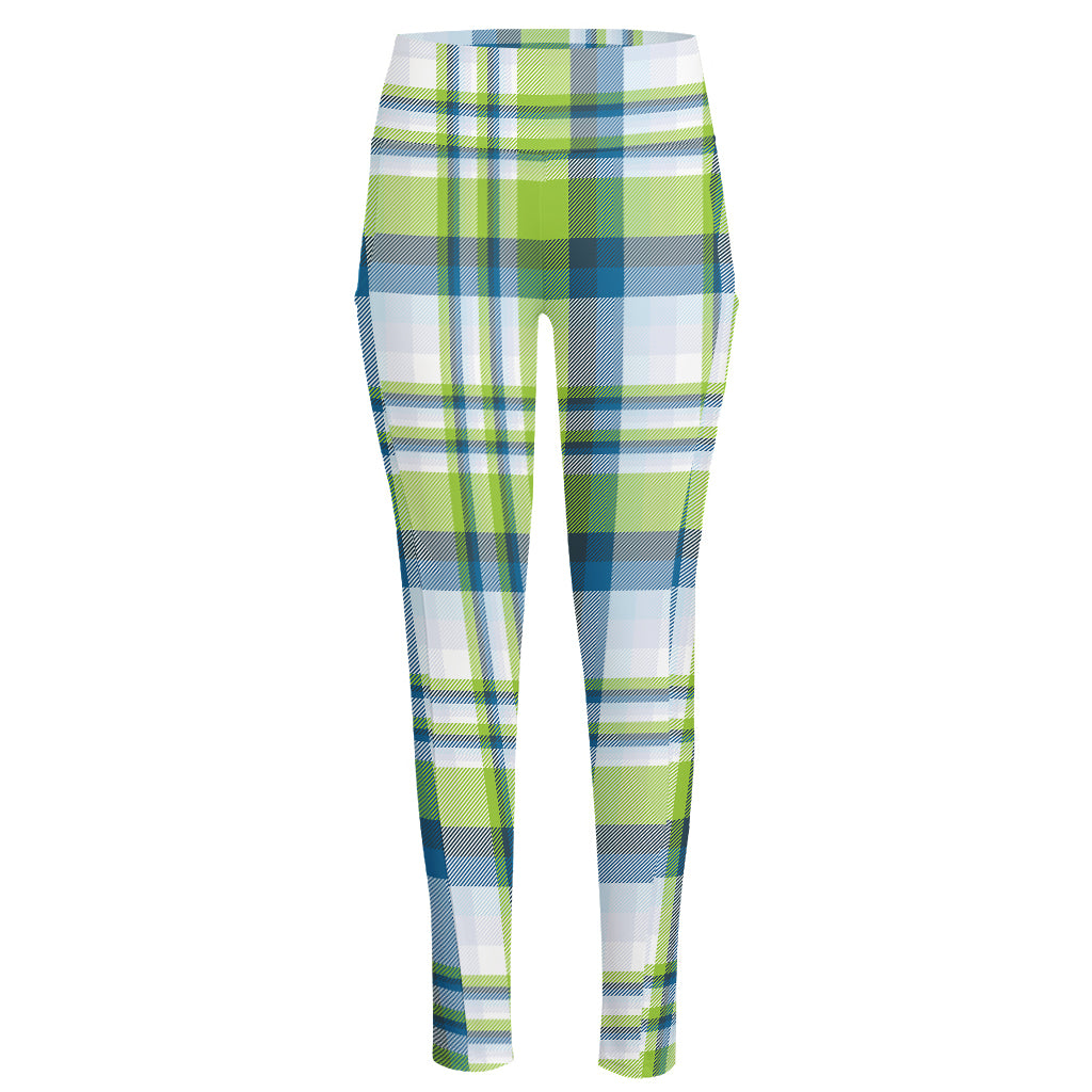 Lime And Blue Madras Plaid Print High-Waisted Pocket Leggings