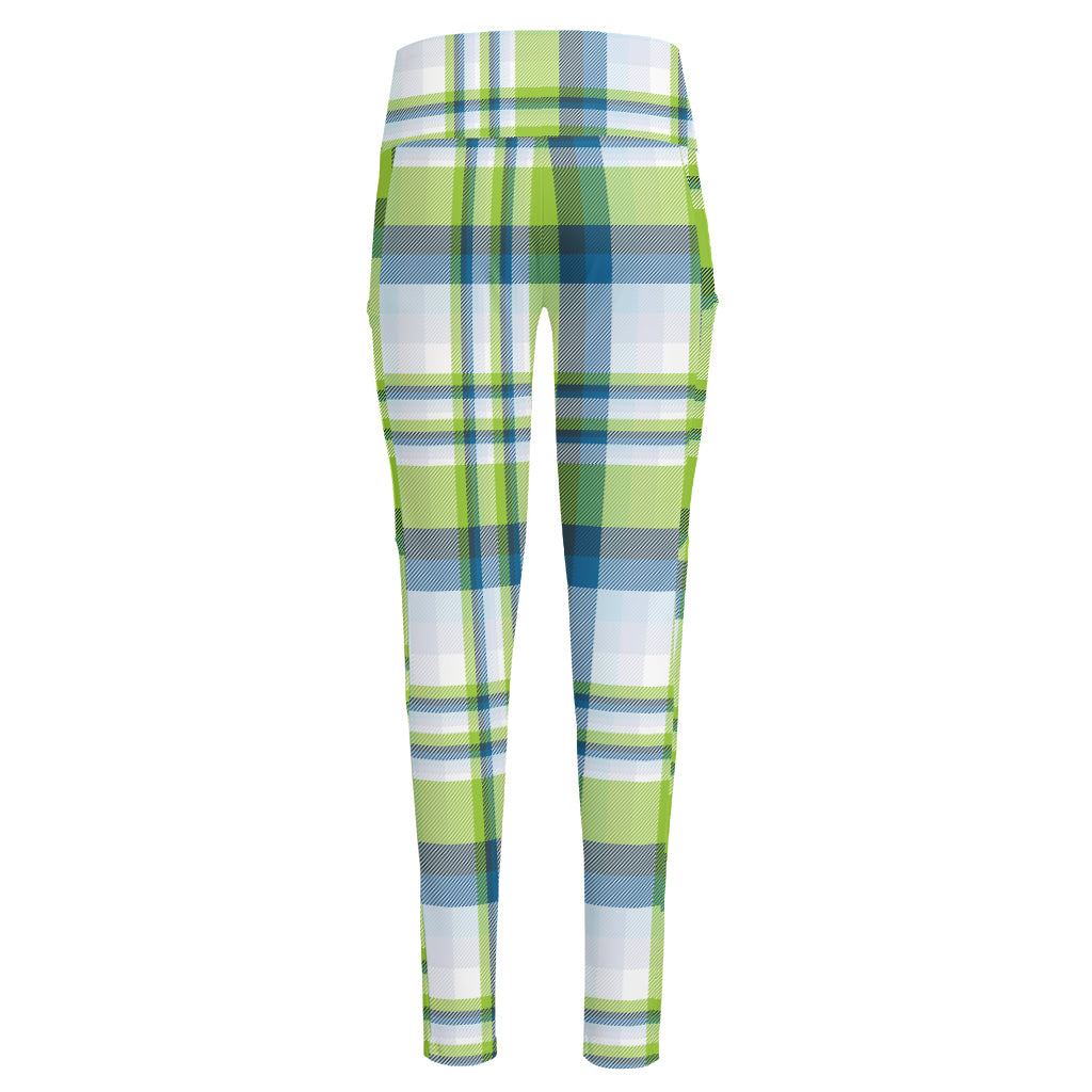 Lime And Blue Madras Plaid Print High-Waisted Pocket Leggings