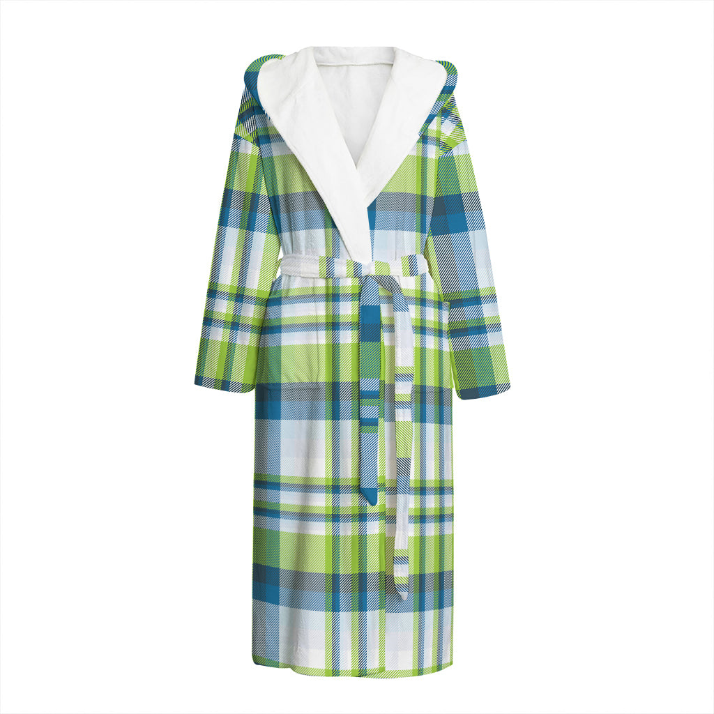 Lime And Blue Madras Plaid Print Hooded Bathrobe