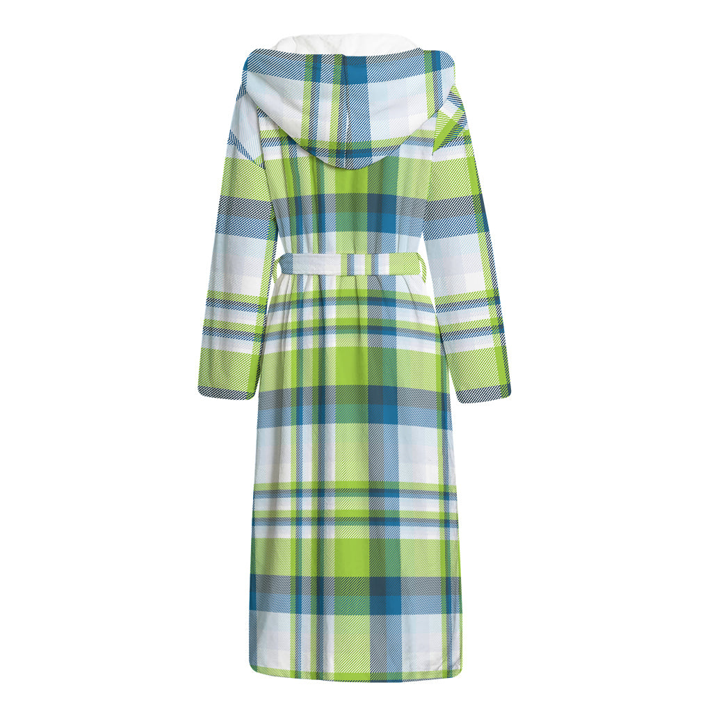 Lime And Blue Madras Plaid Print Hooded Bathrobe