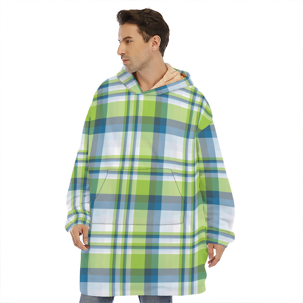 Lime And Blue Madras Plaid Print Hoodie Blanket