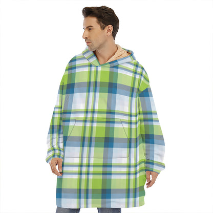 Lime And Blue Madras Plaid Print Hoodie Blanket