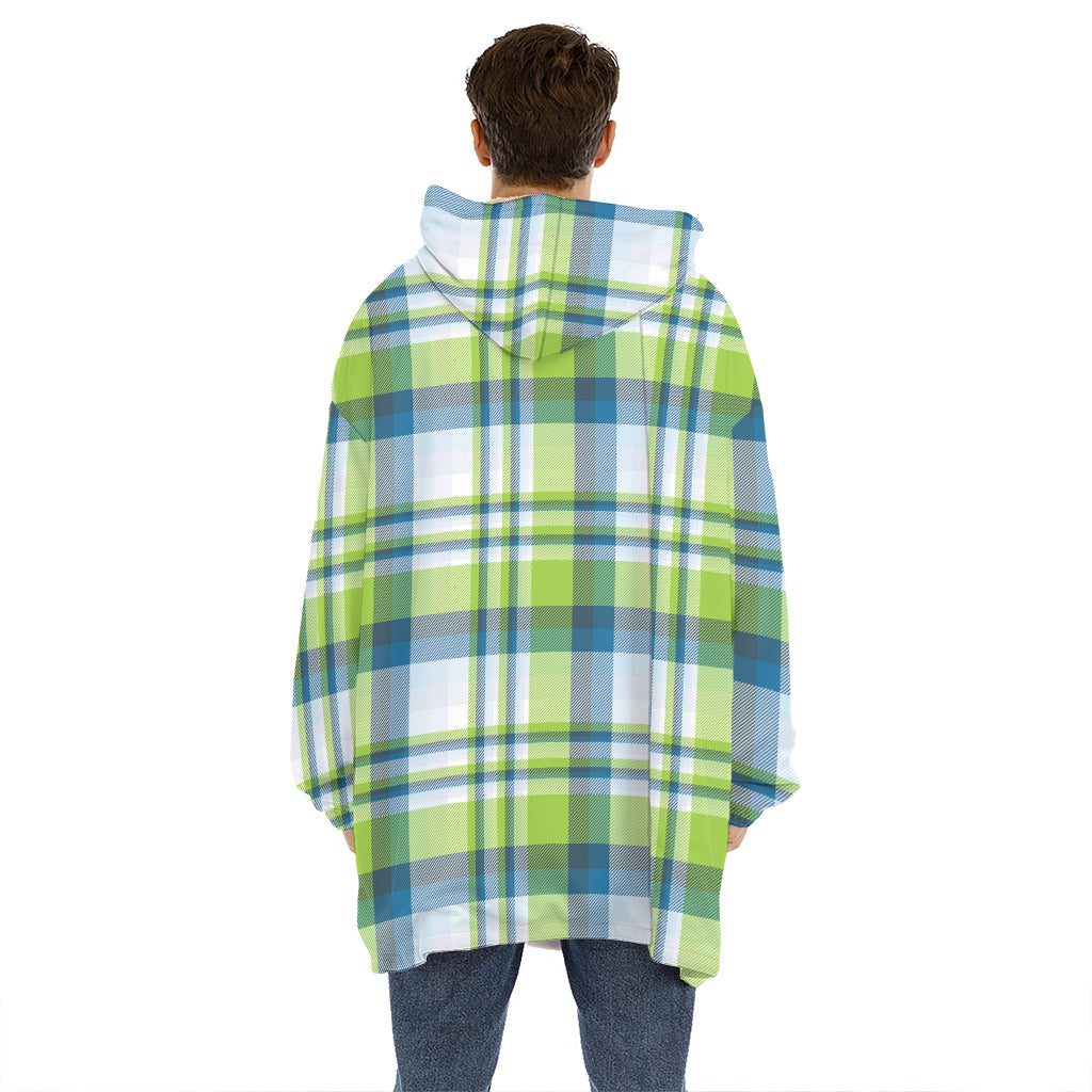 Lime And Blue Madras Plaid Print Hoodie Blanket