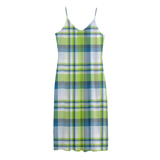 Lime And Blue Madras Plaid Print Jersey Midi Cami Dress