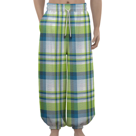 Lime And Blue Madras Plaid Print Lantern Pants