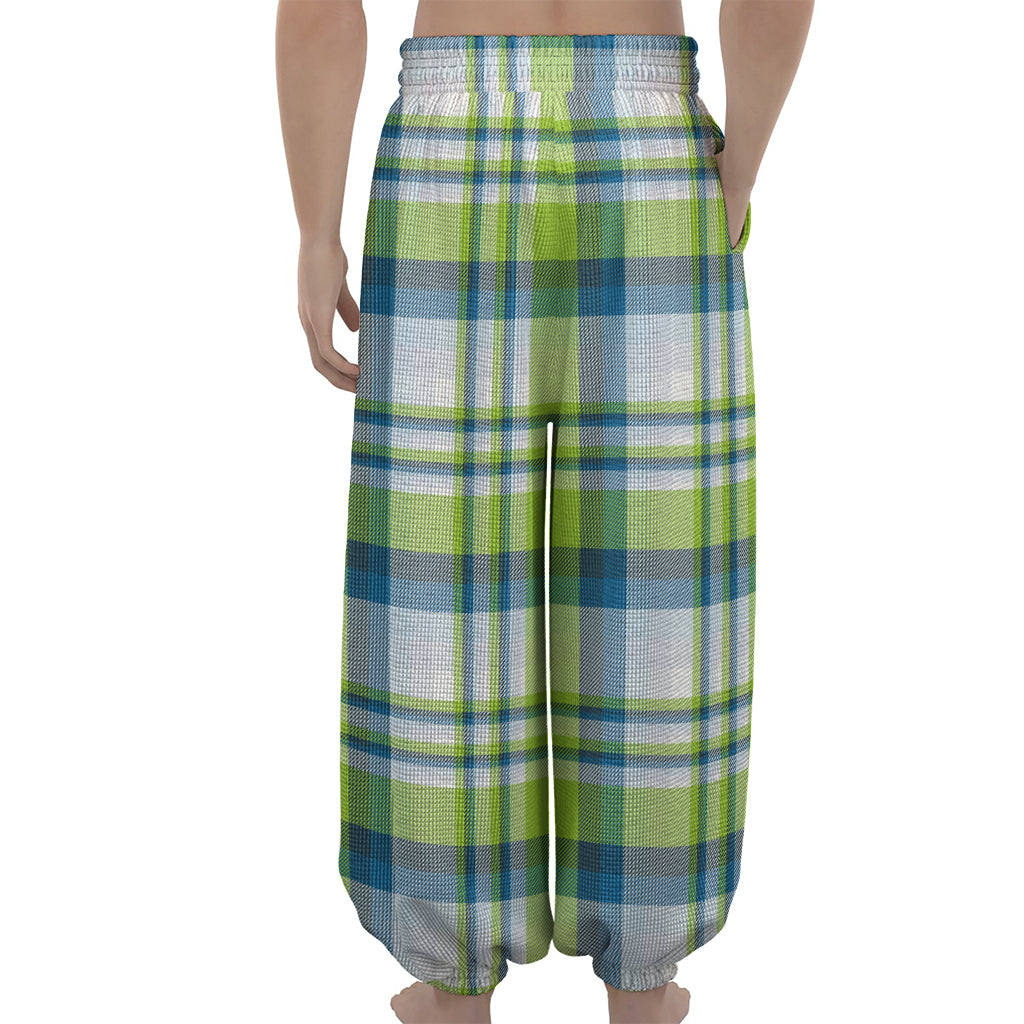 Lime And Blue Madras Plaid Print Lantern Pants