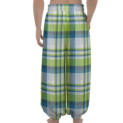 Lime And Blue Madras Plaid Print Lantern Pants