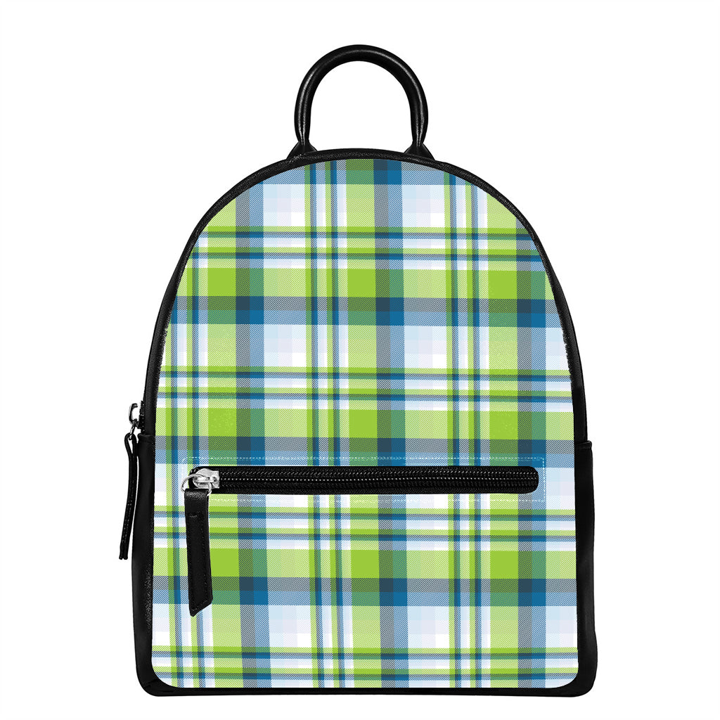 Lime And Blue Madras Plaid Print Leather Backpack