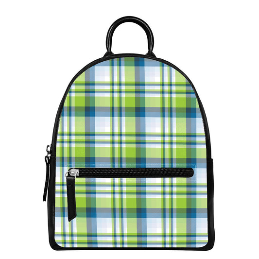 Lime And Blue Madras Plaid Print Leather Backpack
